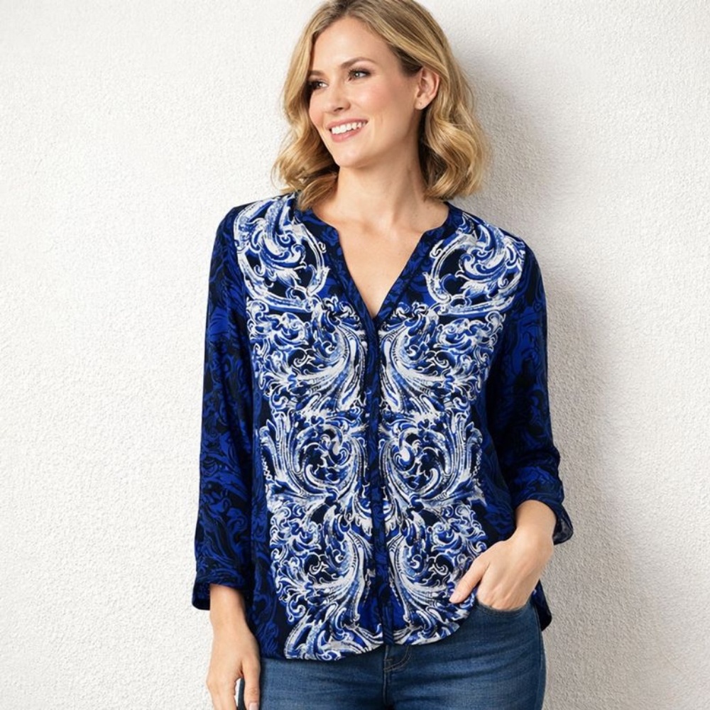 Dana Buchman paisley blouse, blue, white, black
